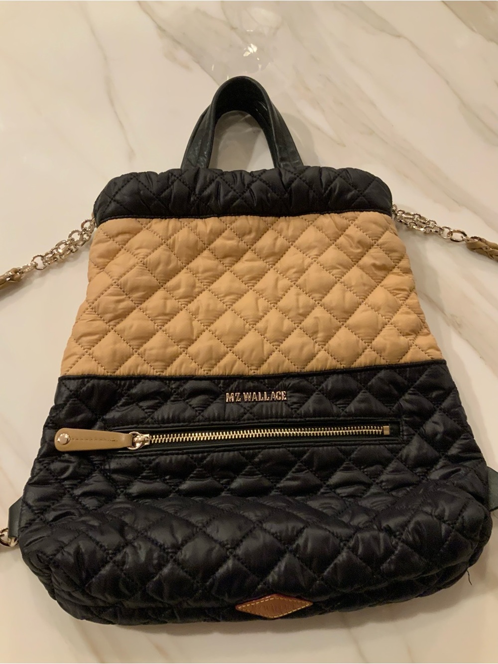 MZ Wallace Audrey Quilted Two-Tone Leather Backpack Tote in Black & Tan